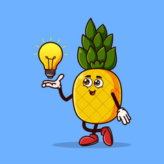 Cute pineapple character with light bulb Idea on hand. Fruit character icon concept isolated. Emoji Sticker. flat cartoon style Vector