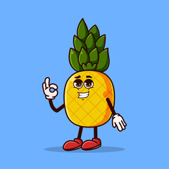Cute pineapple character with cool emoji and show gesture OK. Fruit character icon concept isolated. Emoji Sticker. flat cartoon style Vector