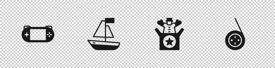 Set Portable video game console, Toy boat, Jack in the box toy and Yoyo icon. Vector