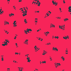 Set Mannequin, Coliseum Rome, Roman army helmet and Bottle of wine on seamless pattern. Vector