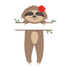 Cute character sloth girl, with text separator, color isolated vector illustration in cartoon style
