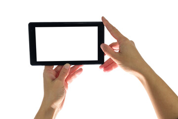 Hands holding tablet and taking photo, isolated on white background