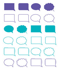 Hand-drawn speech bubble. Vector set. Clouds for online chat with different words Suitable for dialogue to illustrate reactions. Colorful chat messages.