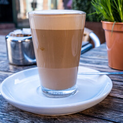 Tall Glass Or Latte Coffee With No People On A Table Top With No People