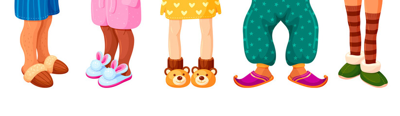 Collection of house slippers on human legs vector flat illustration funny domestic footwear