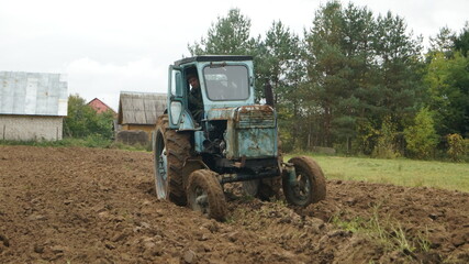 tractor ploughs arable land, an agricultural concept