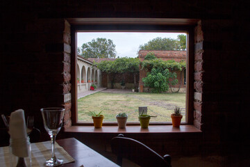 Window with small flowerpots and a empty glass of wine 