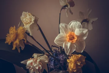 Foto op Canvas Narcissus spring flowers HDR image. White and yellow narcissus bouquet. Fresh narcissus plant from the garden. Spring flowers. Best flower wallpaper. Springtime photo in retro style. © Inception