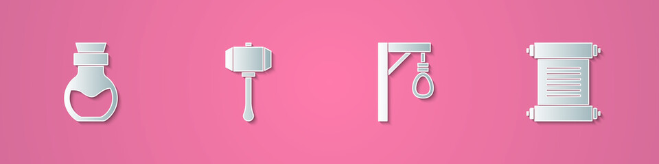 Set paper cut Poison in bottle, Hammer, Gallows and Decree, parchment, scroll icon. Paper art style. Vector