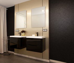Modern Bathroom interior with gold metallic brushed brass wall and with black sinks. Contemporary...