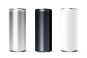 Blank white, silver, black beer or soda can set. 3d aluminium or tan mockup vector illustration. Energy drinks, alcohol, cider, juice packaging logo design on white background