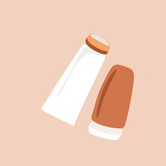 Cosmetics and makeup seamless pattern in line art style. Vector illustration. Contour lines background. Dropper bottle for oil, face cream, hand cream, gel, moose.