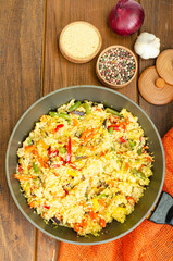 Vegetarian menu. Couscous dishes with vegetables. Photo