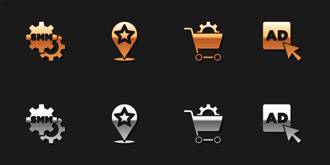 Set Social media marketing, Map pointer with star, Shopping cart and Advertising icon. Vector