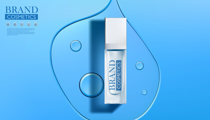 Beauty product with transparent liquid as a skin moisturizer on a blue  background with water drops, illustration vector.