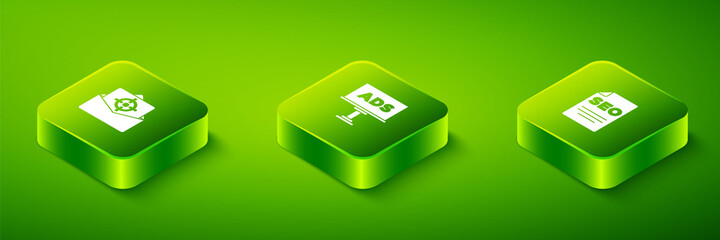 Set Isometric Advertising, SEO optimization and Mail and e-mail icon. Vector