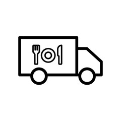 Truck line icon with food. food delivery truck icon. Editable stroke. Design template vector