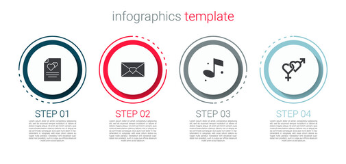 Set Greeting card, Envelope with Valentine heart, Music note and Gender. Business infographic template. Vector