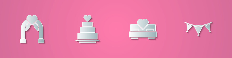 Set paper cut Wedding arch, cake with heart, Bedroom and Carnival garland flags icon. Paper art style. Vector