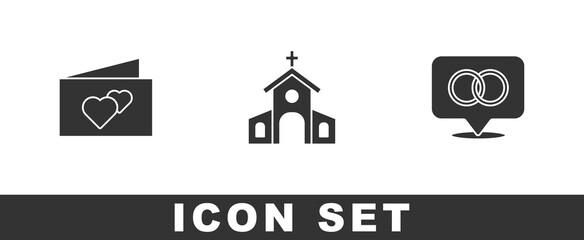 Set Greeting card, Church building and Wedding rings icon. Vector