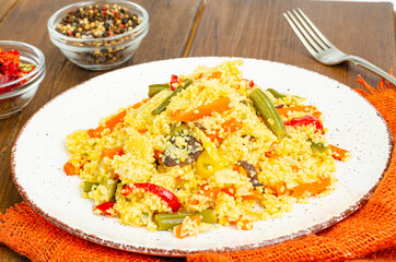 Vegetarian menu. Couscous dishes with vegetables. Photo