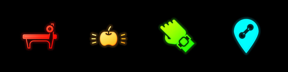 Set Bench with barbel, Apple, Smart watch on hand and Location gym icon. Vector