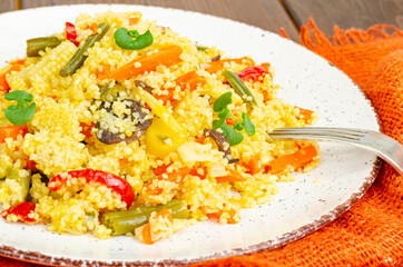 Vegetarian menu. Couscous dishes with vegetables. Photo
