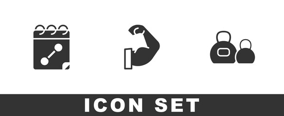 Set Calendar fitness, Bodybuilder muscle and Kettlebell icon. Vector