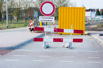 Work site closed with roadblock with prohibition sign for roadworks in the netherlands