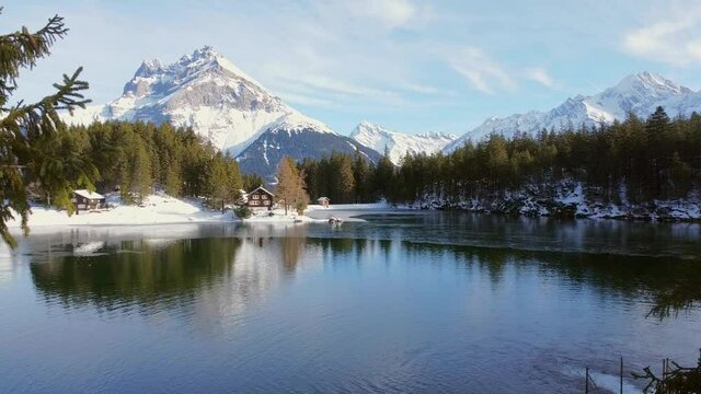 Swiss Mountain with beautiful lake in the Winter
