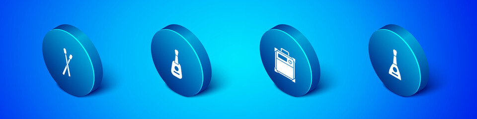 Set Isometric Drum sticks, Guitar amplifier, Balalaika and icon. Vector