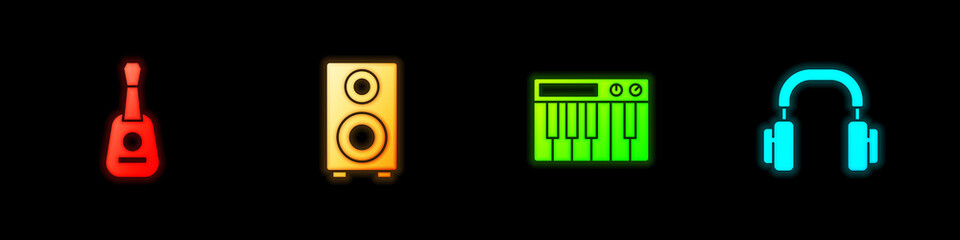 Set Guitar, Stereo speaker, Music synthesizer and Headphones icon. Vector