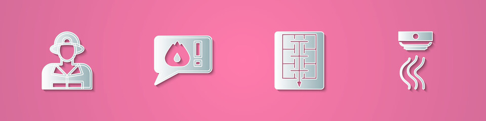 Set paper cut Firefighter, Telephone call 911, Evacuation plan and Smoke alarm system icon. Paper art style. Vector