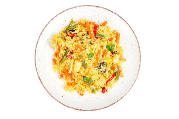 Traditional arabic salad tabbouleh with couscous, vegetables in plate isolated on white background.