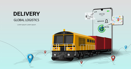 Online delivery logistics service on mobile. rail transportation. Global logistics. online order. Train, warehouse, cargo, courier. Cargo train concept. 3D Perspective Vector illustration