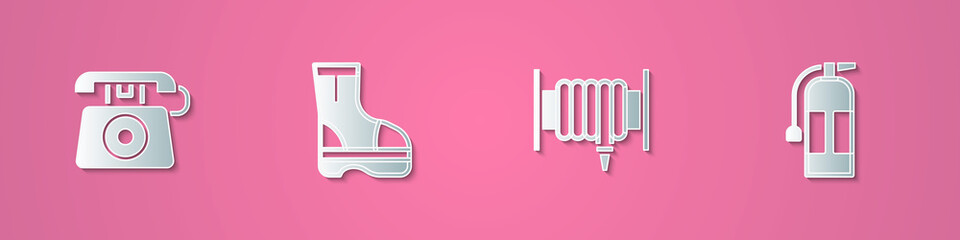 Set paper cut Telephone call 911, Fire boots, hose reel and extinguisher icon. Paper art style. Vector