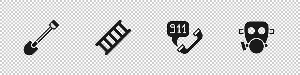 Set Fire shovel, escape, Telephone call 911 and Gas mask icon. Vector