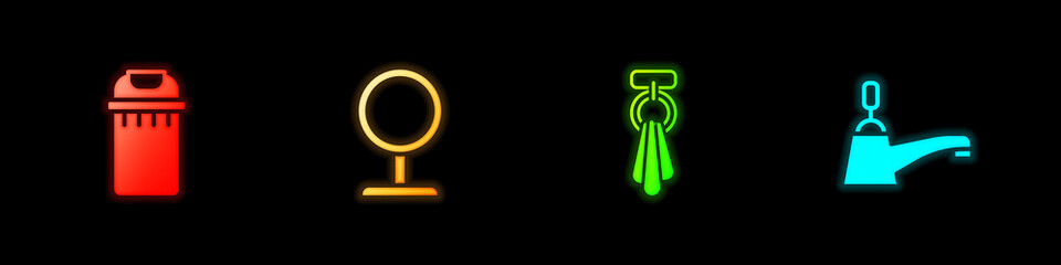 Set Trash can, Round makeup mirror, Towel on hanger and Water tap icon. Vector
