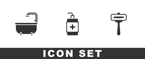 Set Bathtub, Hand sanitizer bottle and Shaving razor icon. Vector