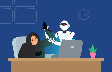 virtual robot artificial intelligence catch a hacker using laptop cyber security concept vector illustration