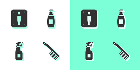 Set Hairbrush, Male toilet, Cleaning spray bottle and Bottle of liquid soap icon. Vector