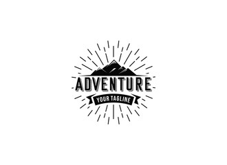 Mountain, river and Sun for Hipster Adventure Travel logo design inspiration