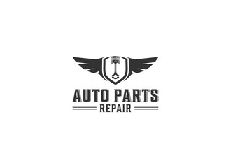 engined vehicle repair service logo, with an illustration of a piston having wings and a shield that means an engine savior angel