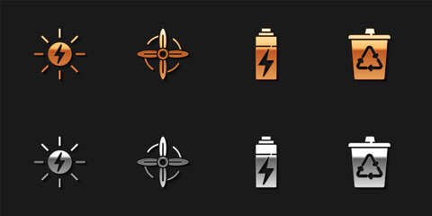 Set Solar energy panel, Wind turbine, Battery and Recycle with recycle icon. Vector