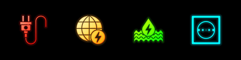 Set Electric plug, Global energy power planet, Water and Electrical outlet icon. Vector