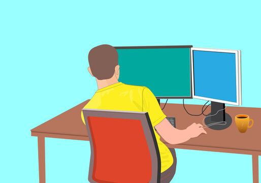 Back View Of A Man Using A Dual Monitor Computer, Mockups, Vector Illustrations, Graphics, Copy Space, Isolated Blue Background,