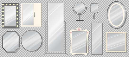 Set of vector mirrors of different models. Reflective mirror surface in silver frame, baby, tabletop, bath mirrors. Interior decor, vector - obrazy, fototapety, plakaty