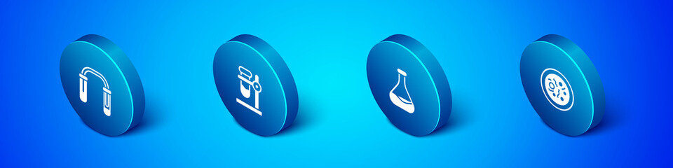 Set Isometric Test tube and flask, , Petri dish with bacteria and on stand icon. Vector