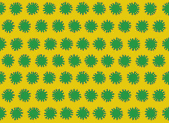 Green viral icons on a yellow background. Background with the image of viruses Covid-19