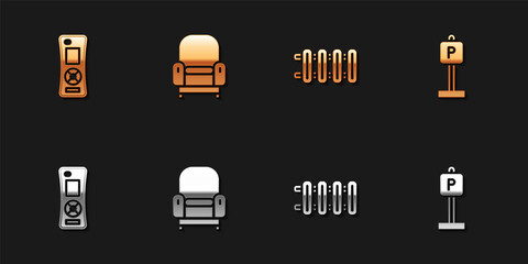 Set Remote control, Armchair, Heating radiator and Parking icon. Vector
